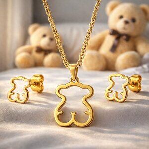 18K Gold Plated Bear Necklace Earrings Set Stainless Steel Hypoallergenic Cute